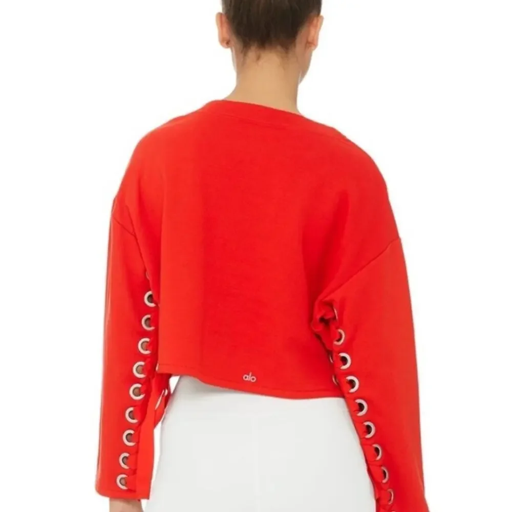 Alo Suspension Pullover Lace Up Crop Sweater Women's Red Size Large